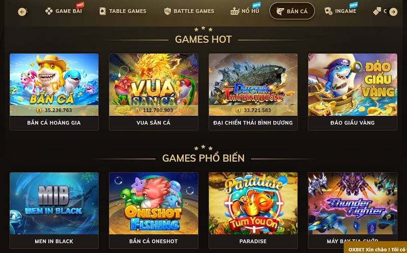 Các tựa game tại sảnh bắn cá Oxbet