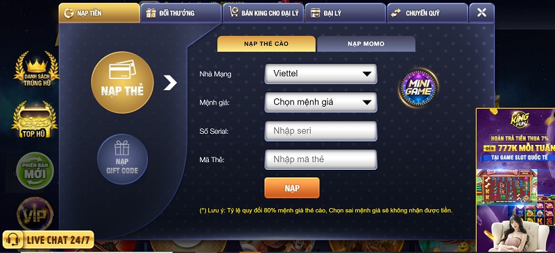 Hình thức nạp nhanh gọn tại cổng game đánh bài uy tín King Fun